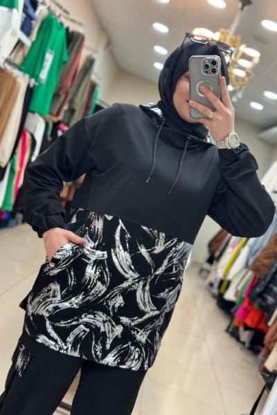 9630 Kapşonlu Yaldızlı Takım  Siyah Siyah