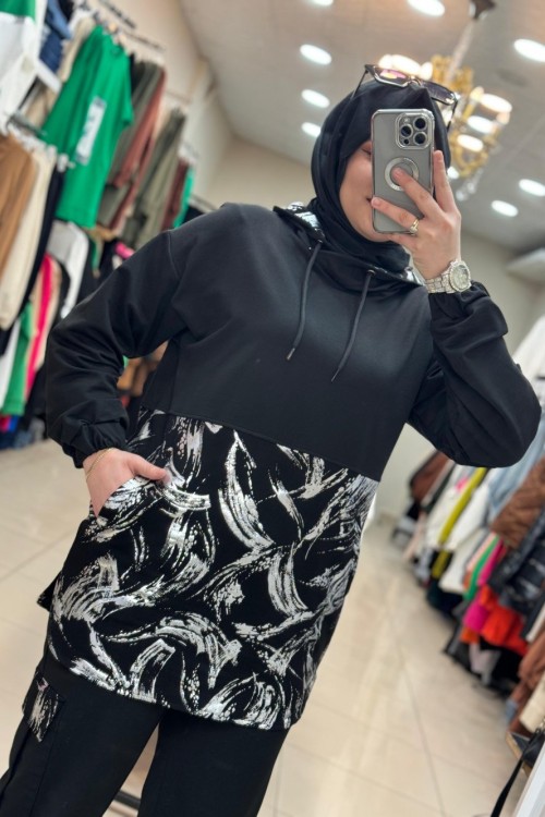 9630 Kapşonlu Yaldızlı Takım  Siyah Siyah