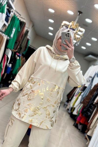 9630 Kapşonlu Yaldızlı Takım  Taş Taş Rengi