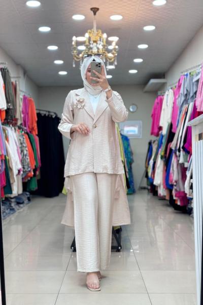 9642 Blazer Çiçekli Takım Bej