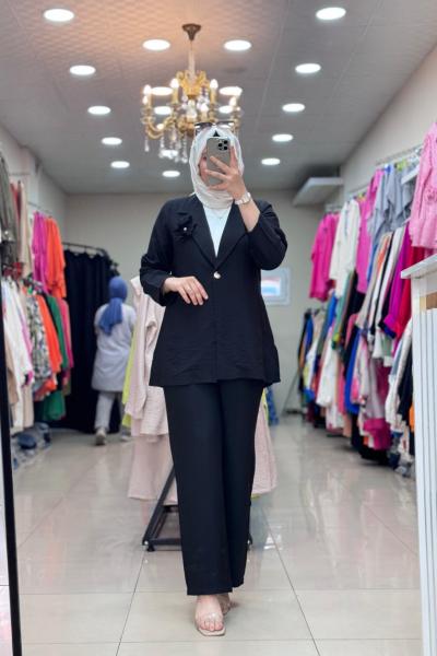 9642 Blazer Çiçekli Takım Siyah