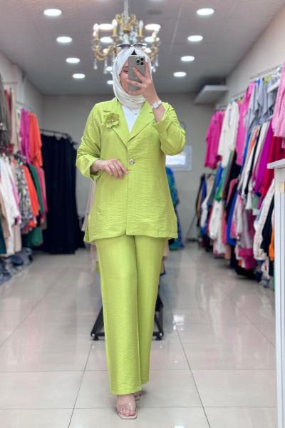 9642 Blazer Çiçekli Takım Yağ Yeşili