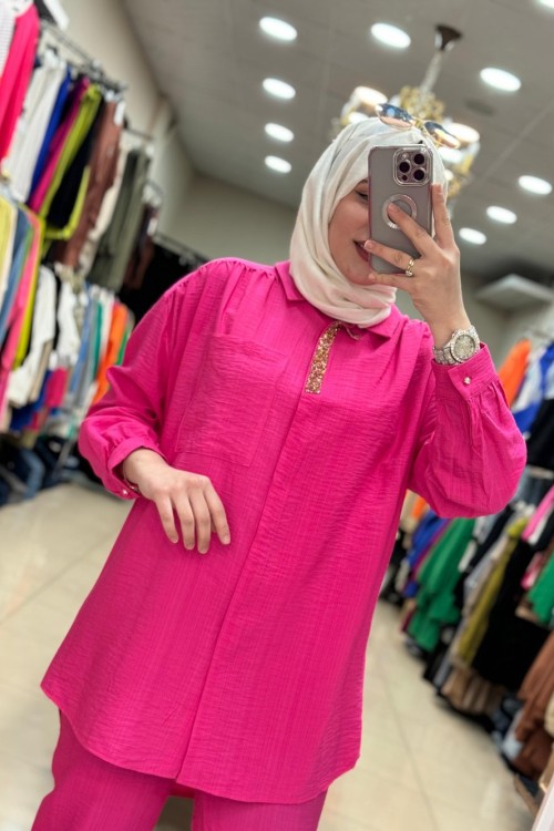 9650 Önü Boncuklu Takım  Fuşya Fuşya