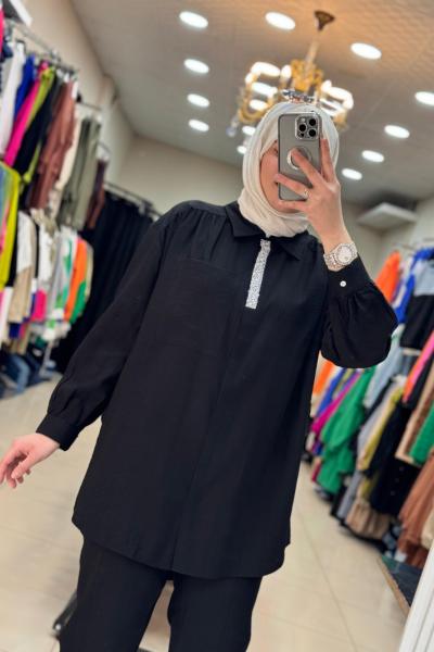 9650 Önü Boncuklu Takım  Siyah Siyah