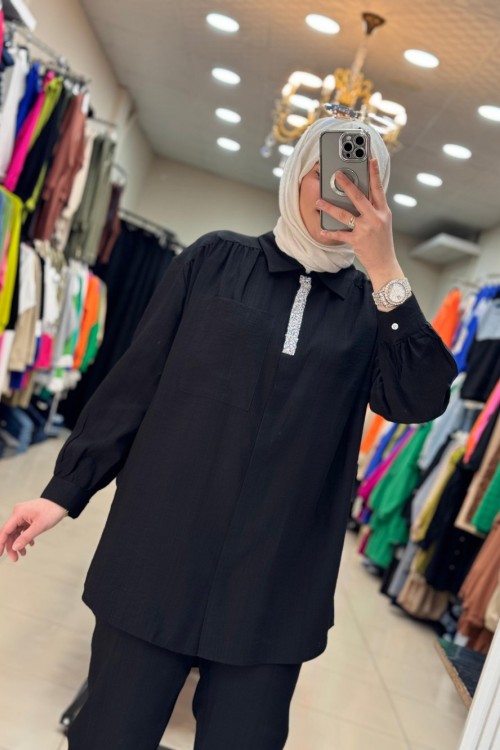 9650 Önü Boncuklu Takım  Siyah Siyah