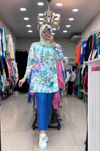 9652 Saten Gömlek Takım Mavi  Mavi