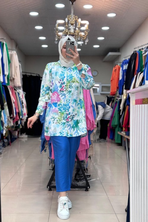 9652 Saten Gömlek Takım Mavi  Mavi