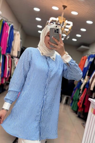 9654  Yakası Taşlı-Çizgili Takım Mavi  Mavi