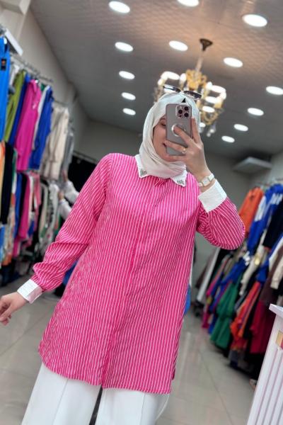 9654  Yakası Taşlı-Çizgili Takım Pembe  Pembe