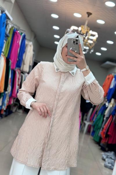 9654  Yakası Taşlı-Çizgili Takım Kahve Kahverengi