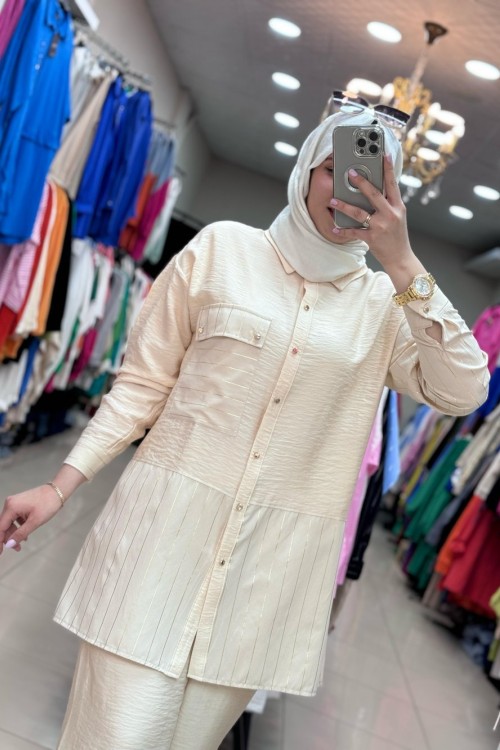 9656 ÇİZGİLİ TAKIM BEJ Bej