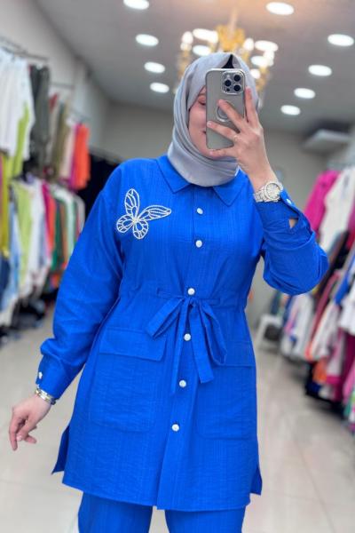 9665 KELEBEK İŞLEMELİ TAKIM Saks Mavisi