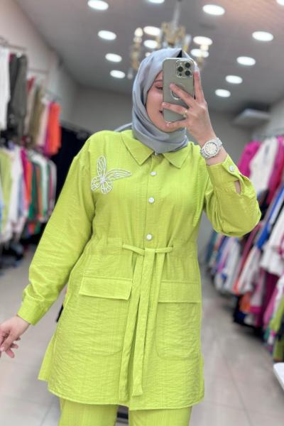 9665 KELEBEK İŞLEMELİ TAKIM Yağ Yeşili