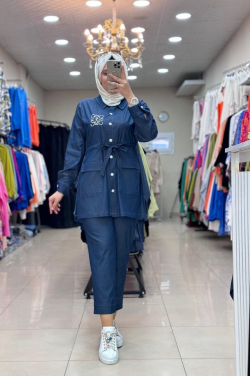 9665 TAŞLI TENSEL KOT TAKIM  KOT MAVİ