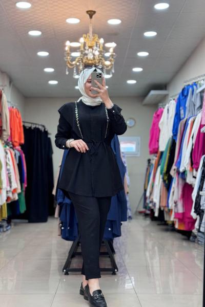 9666 İKİ TARAFI RENKLİ TAŞ İŞLEMELİ TAKIM Siyah