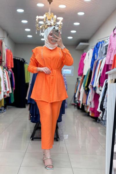 9666 İKİ TARAFI RENKLİ TAŞ İŞLEMELİ TAKIM Turuncu