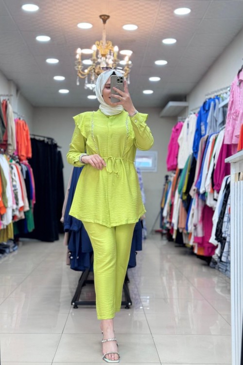 9666 İKİ TARAFI RENKLİ TAŞ İŞLEMELİ TAKIM Yağ Yeşili