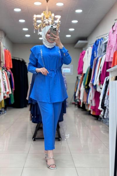 9666 İKİ TARAFI RENKLİ TAŞ İŞLEMELİ TAKIM Saks Mavisi