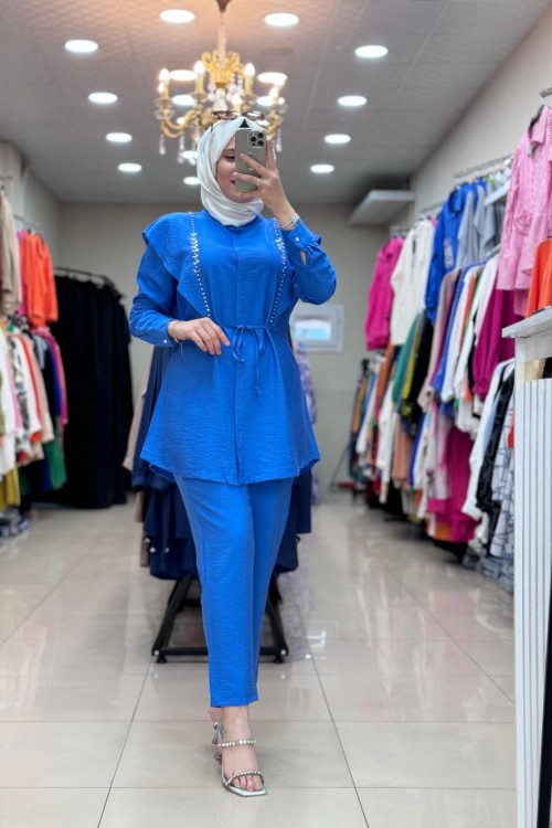 9666 İKİ TARAFI RENKLİ TAŞ İŞLEMELİ TAKIM Saks Mavisi