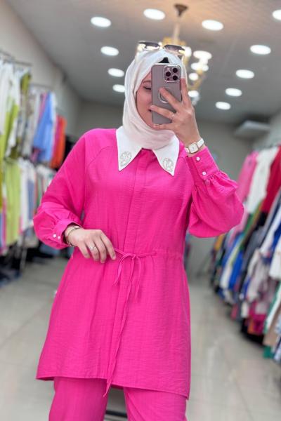 9667 YAKA DAMLA TAŞLI TAKIM  Pembe