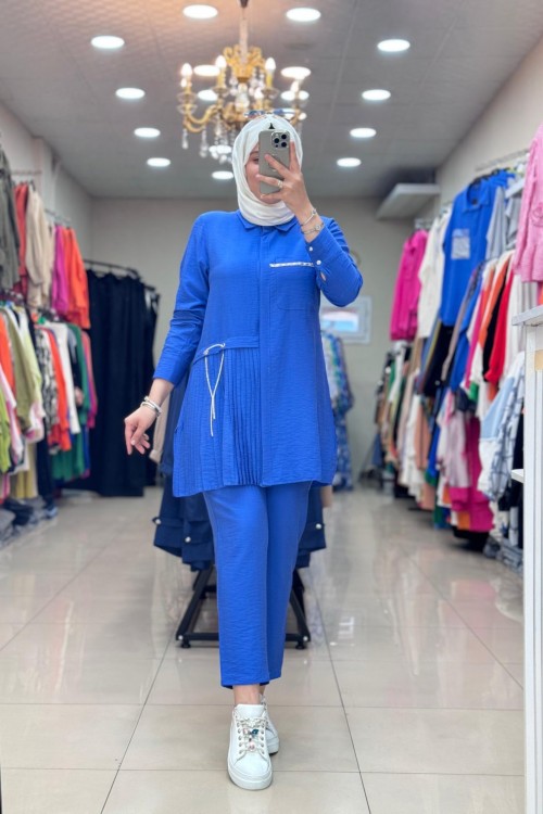 9670  Sol Tarafı Pileli Takım Saks Mavisi