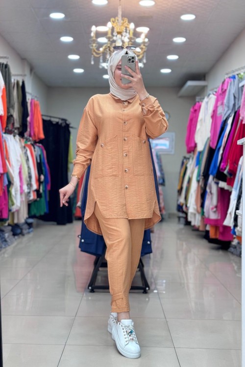9671 keten cebi düğmeli takım Camel