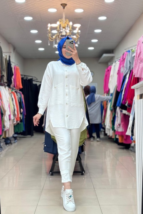 9671 keten cebi düğmeli takım Beyaz