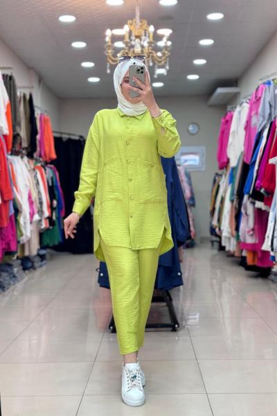 9671 keten cebi düğmeli takım Yağ Yeşili