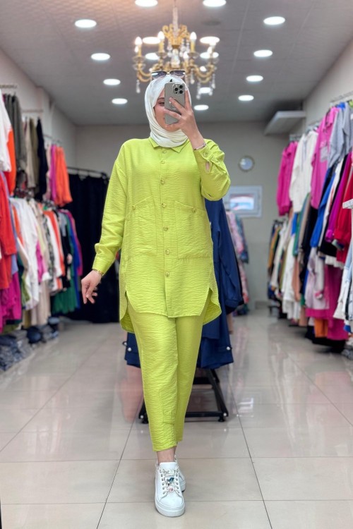 9671 keten cebi düğmeli takım Yağ Yeşili