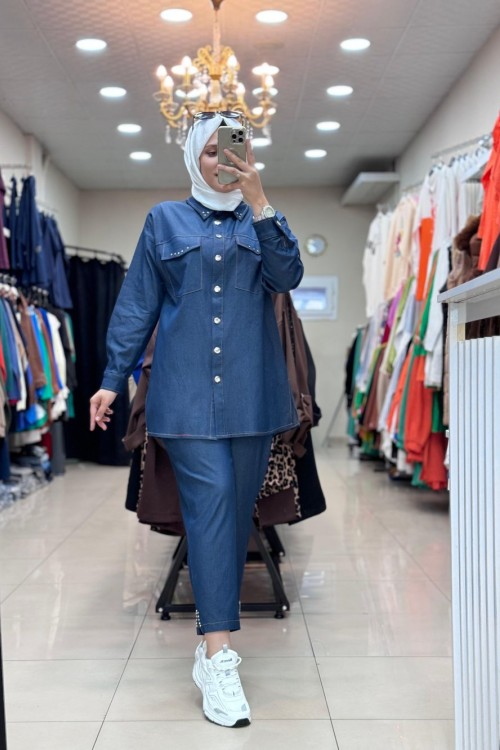 9685 PAÇASI TAŞLI TENSEL TAKIM  KOT MAVİ