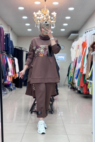 9688 SCUBA ÖNÜ YALDIZLI TAKIM Kahverengi