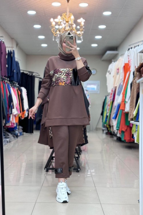 9688 SCUBA ÖNÜ YALDIZLI TAKIM Kahverengi