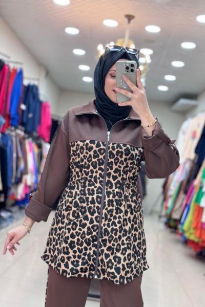 9692 KOLU SİMLİ LEOPAR TAKIM  Kahverengi