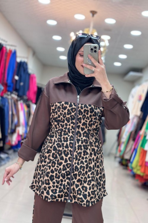 9692 KOLU SİMLİ LEOPAR TAKIM  Kahverengi