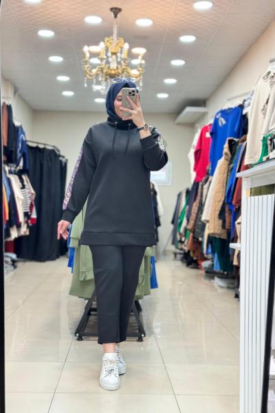 9697 KOLLARI PUL İŞLEMELİ SCUBA TAKIM  Siyah