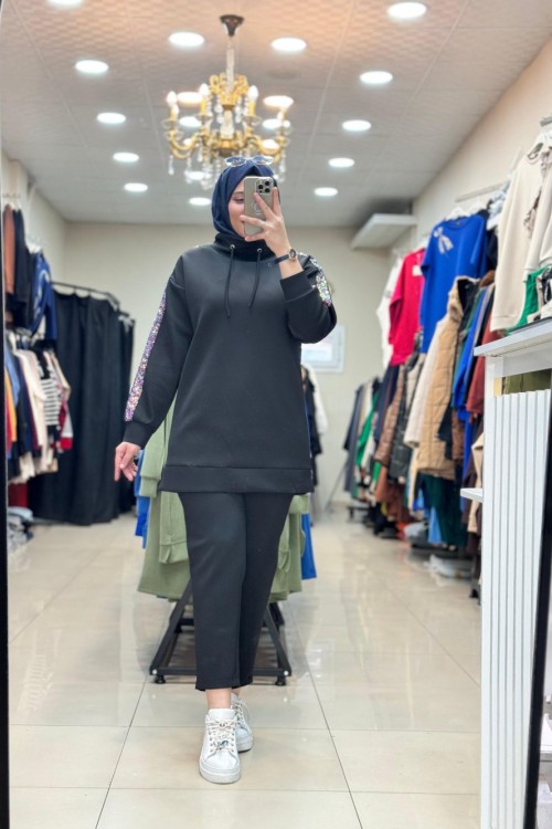 9697 KOLLARI PUL İŞLEMELİ SCUBA TAKIM  Siyah