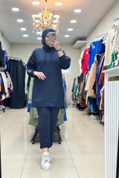 9697 KOLLARI PUL İŞLEMELİ SCUBA TAKIM  Lacivert