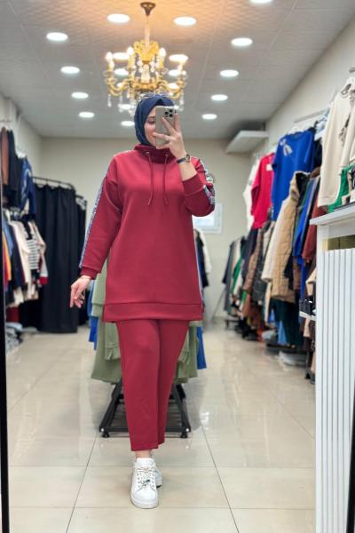 9697 KOLLARI PUL İŞLEMELİ SCUBA TAKIM  Bordo