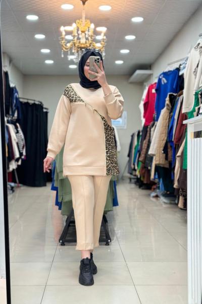 9702 FERMUAR DETAYLI LEOPAR TAKIM Bej