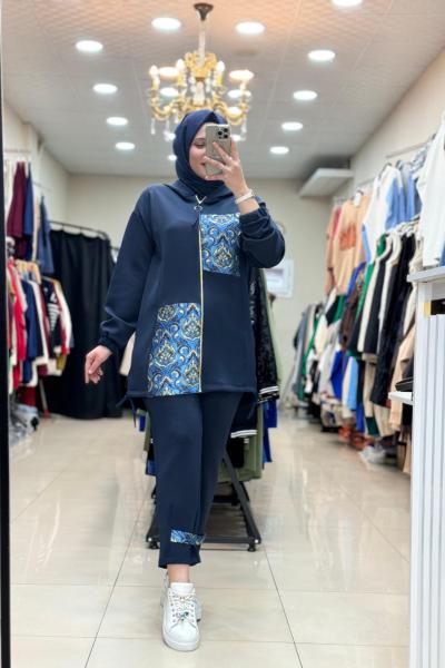 9703 ÖNÜ RENKLİ KARE DESENLİ TAKIM Lacivert