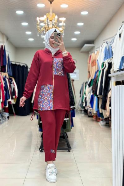 9703 ÖNÜ RENKLİ KARE DESENLİ TAKIM Bordo