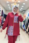 9703 ÖNÜ RENKLİ KARE DESENLİ TAKIM Bordo
