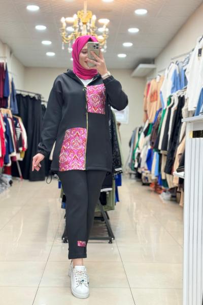 9703 ÖNÜ RENKLİ KARE DESENLİ TAKIM Siyah