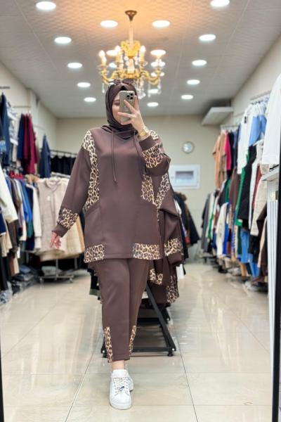 9707 LEOPAR PUL İŞLEMELİ TAKIM Kahverengi