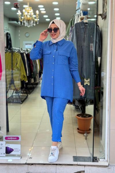 9717 PREMIUM TAŞLI TAKIM Saks Mavisi