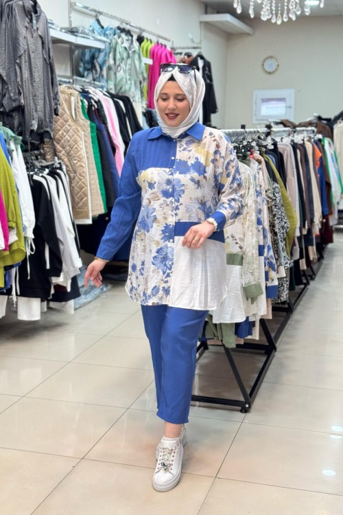 9743 ÇİÇEK BASKILI TAKIM Mavi