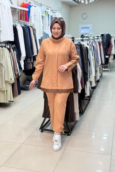 9771 DERİ DETAYLI DOUBLE TAKIM Camel