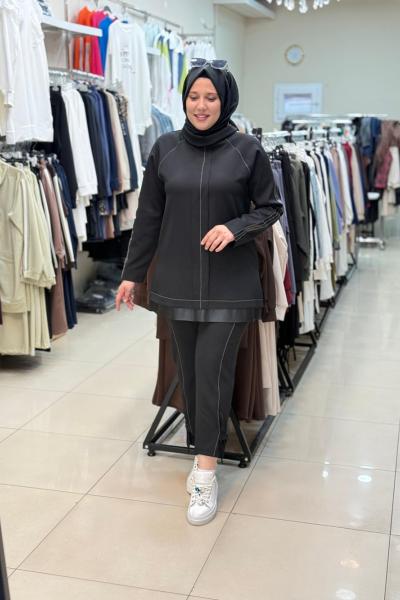 9771 DERİ DETAYLI DOUBLE TAKIM Siyah