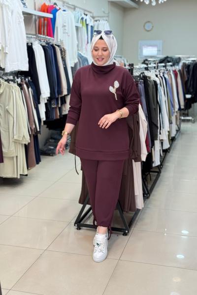 9773 ÇİÇEK BROŞLU TAKIM Bordo