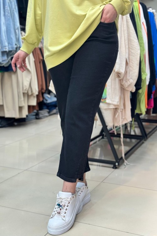 Akay Siyah Paçası Taş İşlemeli Pantolon Siyah